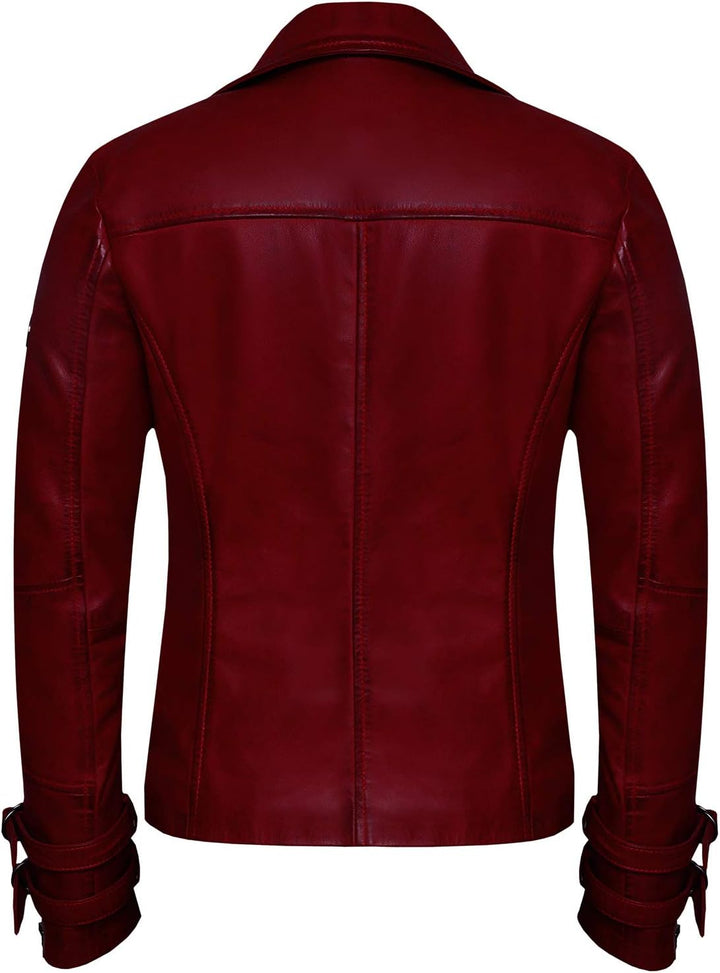 Bluepiel Poula Damen Lederjacke - Modernen Biker-Look - Echt Leder Jacke Rot Tailliert mit Reverskra