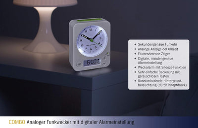 TFA Dostmann 60.1511 Combo Funkwecker mit analoger Uhrzeit und digitaler Weckzeit, besonders leise u