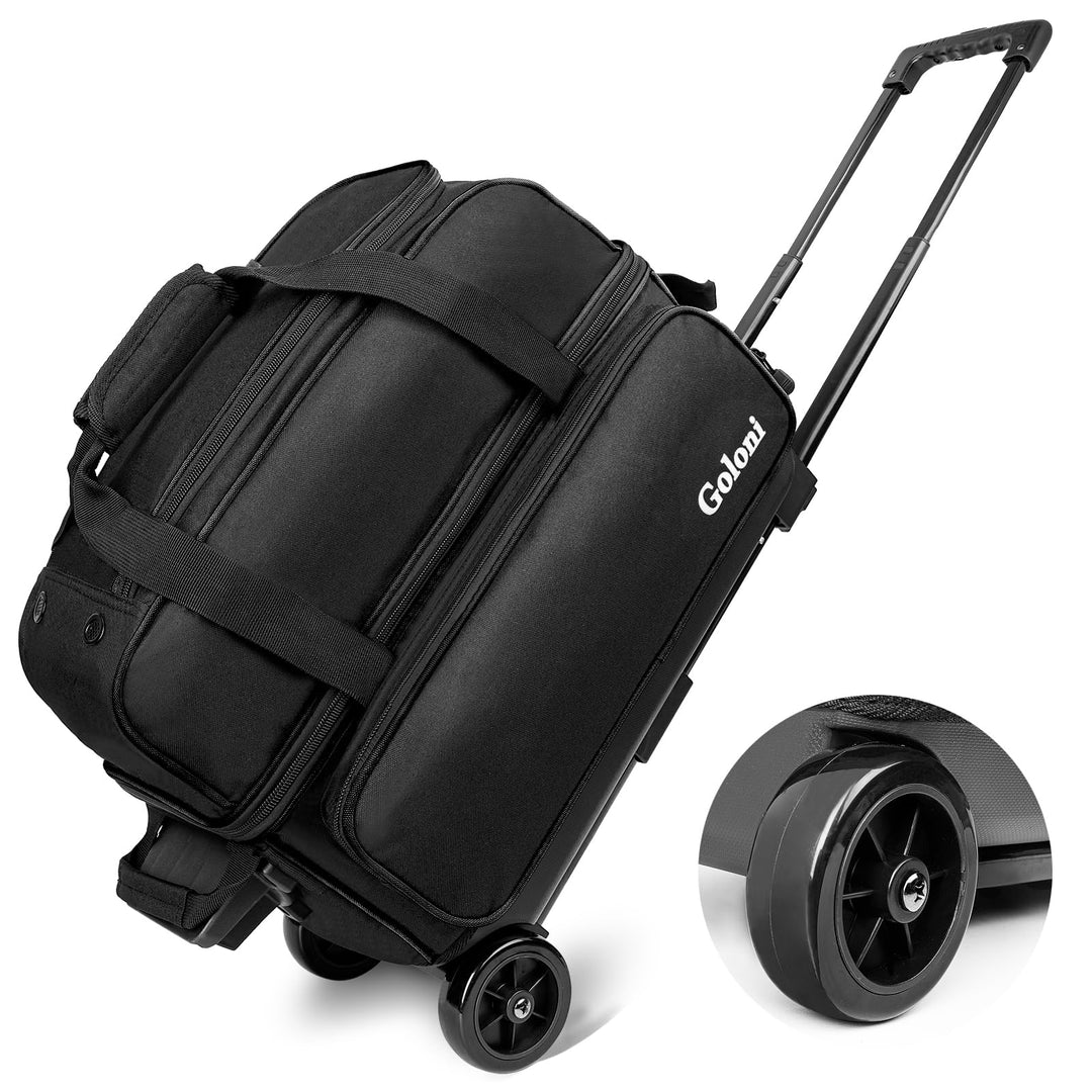 Goloni Bowling Roller Taschen,Bowling Ball Tasche,zwei Ball Bowling Tasche mit Rädern Schwarz, Schwa