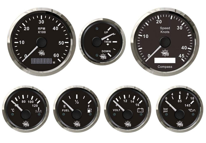 Saarwebstore 7er Instrumentensatz schwarz mit Chrome GPS digital Mercruiser/Volvo Penta Alpah One Br