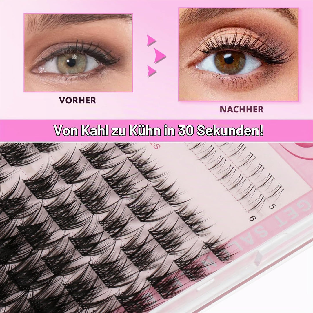 Anime Lash Clusters, 124 Stück Manga Eyelash Extensions 5-16mm, Fluffy D Curl mit Bond and Seal, Pin