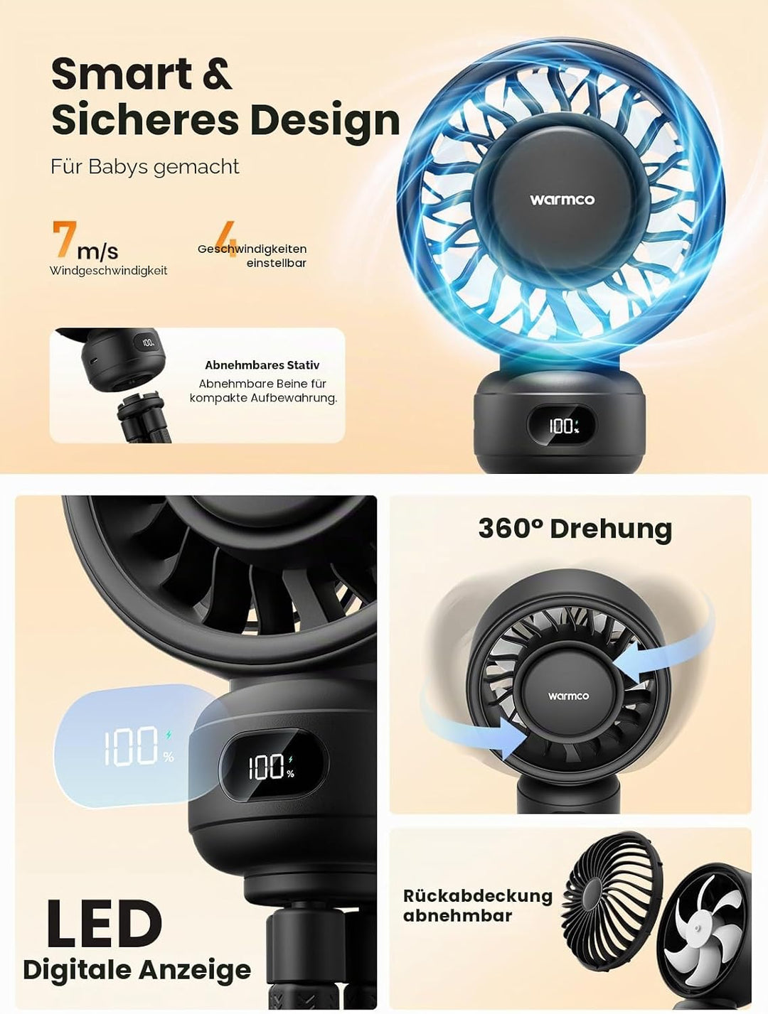 Warmco Tragbarer Kinderwagen-Ventilator, 4000 mAh, wiederaufladbarer Clip-On-Stativventilator (bis z