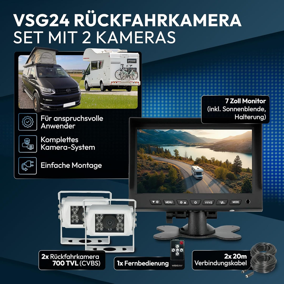 VSG24 Rückfahrkamera 7" Starter-Set Wohnmobil inkl. 2 Kameras in Weiss, Monitor, Kabel &amp; Fernbedienu