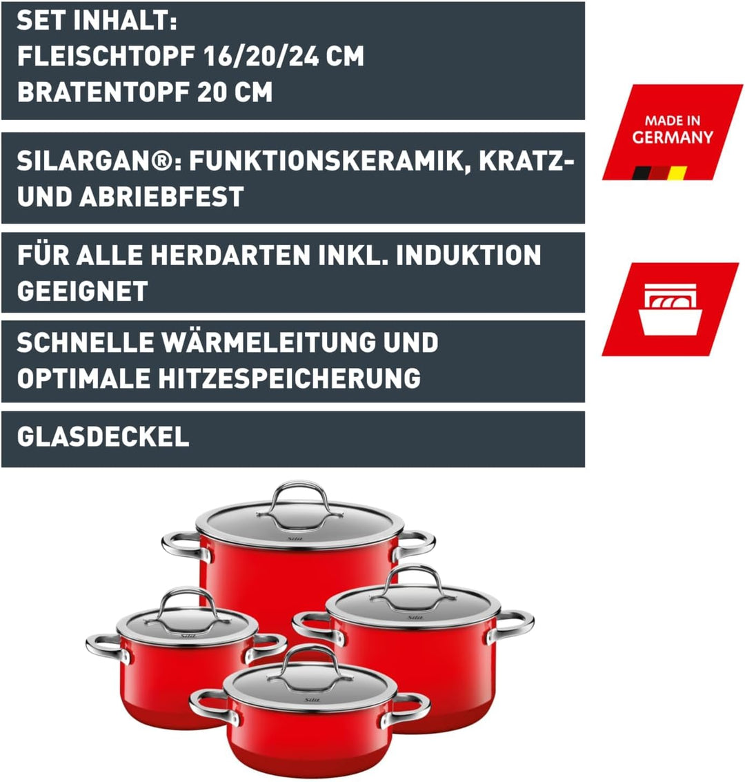 Silit Passion Red Topfset 4-teilig, Töpfe mit Glasdeckel, Silargan Funktionskeramik, Induktionstöpfe