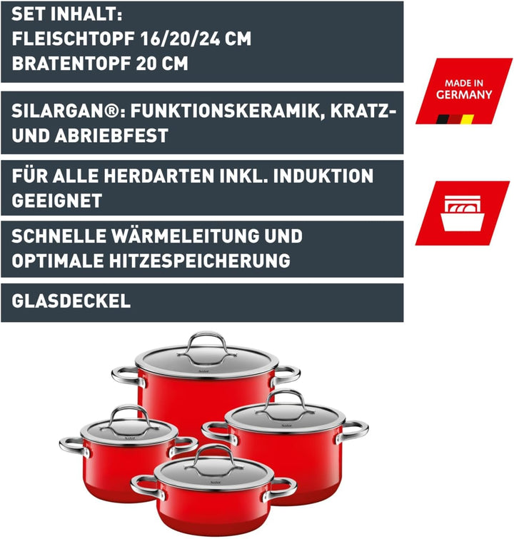 Silit Passion Red Topfset 4-teilig, Töpfe mit Glasdeckel, Silargan Funktionskeramik, Induktionstöpfe