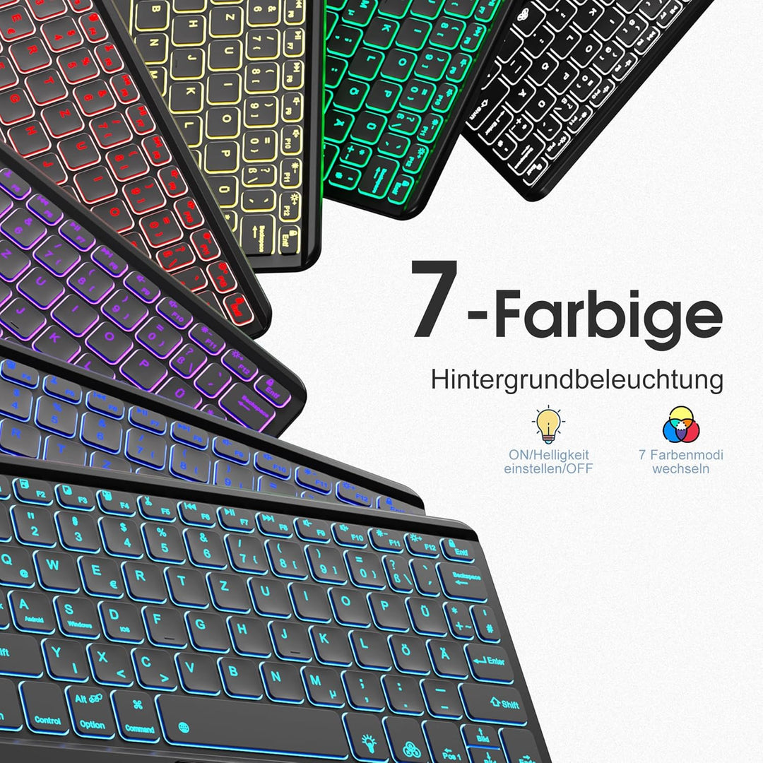 Vobafe Bluetooth Tastatur mit Touchpad, Kabellose 7-farbiges Backlight QWERTZ Tablet Keyboard, Trale