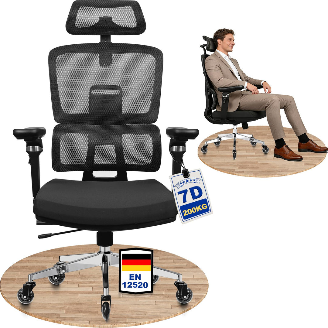 MELOKEA Bürostuhl Ergonomisch 200KG | 7D-Armlehnen | 6P Verstellbare Rückenlehne | Leises Gummirolle