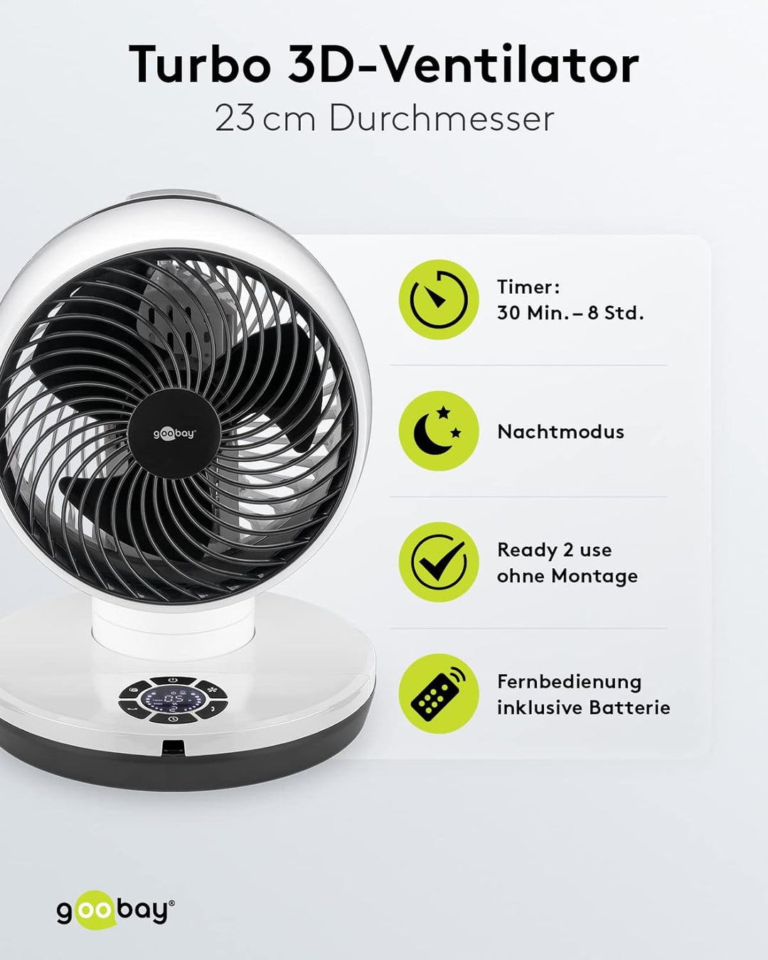 goobay 59515 Leistungsstarker Ventilator mit Fernbedienung Ø 23 cm (9 Zoll) / Multidirektionale Oszi