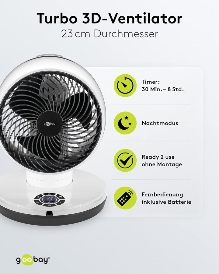goobay 59515 Leistungsstarker Ventilator mit Fernbedienung Ø 23 cm (9 Zoll) / Multidirektionale Oszi