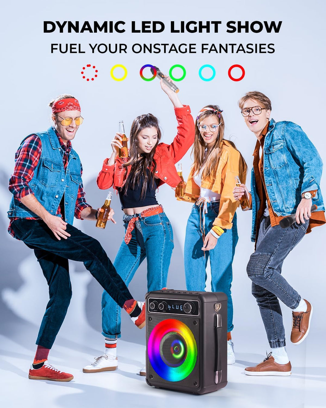 BONAOK Tragbare Karaoke-Maschine, Bluetooth-Karaoke-System mit 2 Mikrofonen, wiederaufladbare Party-