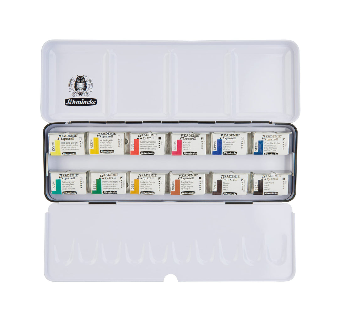 Schmincke – Akademie Aquarell Farbkasten, Grundsortiment 12 x 1/1 Näpfchen, 75 312 097, Metallkasten