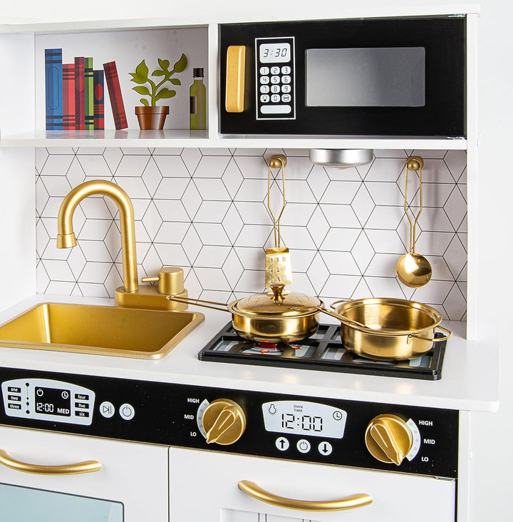 Leomark Kinderküche aus Holz MEMO White Spielküche mit goldenen Accessoires Holzküche für Kinder Spi