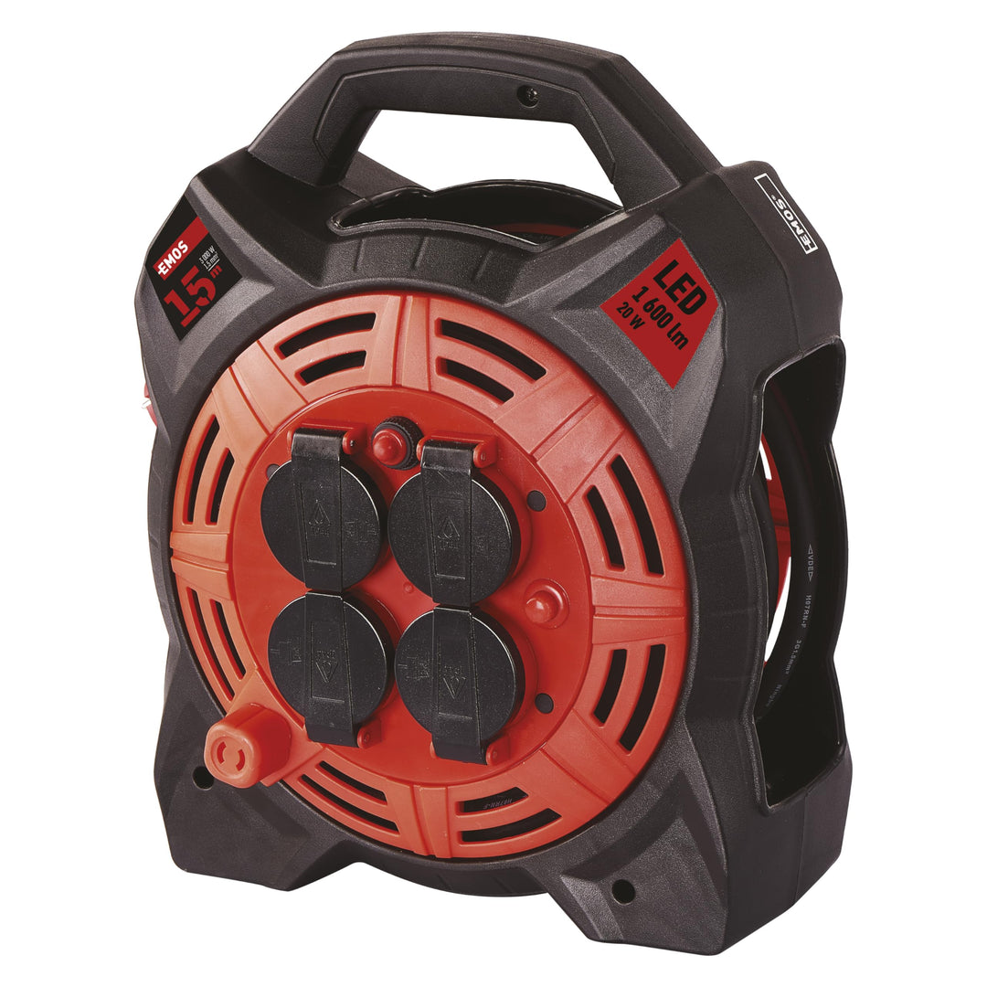 EMOS Kabeltrommel mit LED-Strahler, 15m Outdoor-Kabelbox Schuko und 20W Fluter, Neopren-Gummikabel H
