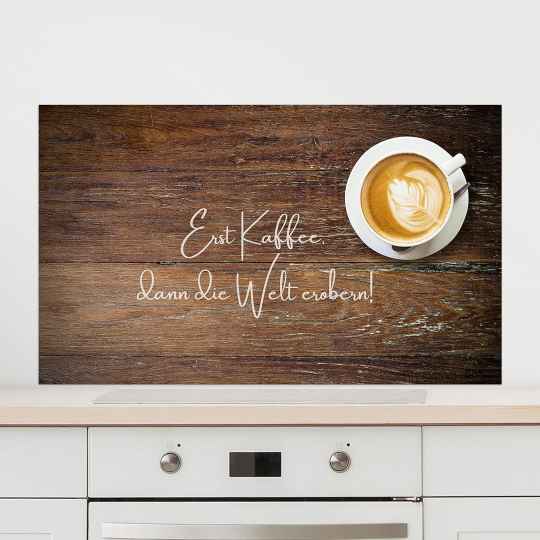 GRAZDesign Spritzschutz Küchenrückwand Glas Küche für Herd & Küchenspüle, Kaffee Holz braun Spruch -