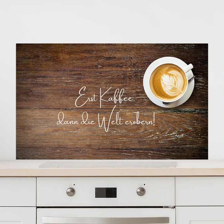 GRAZDesign Spritzschutz Küchenrückwand Glas Küche für Herd & Küchenspüle, Kaffee Holz braun Spruch -