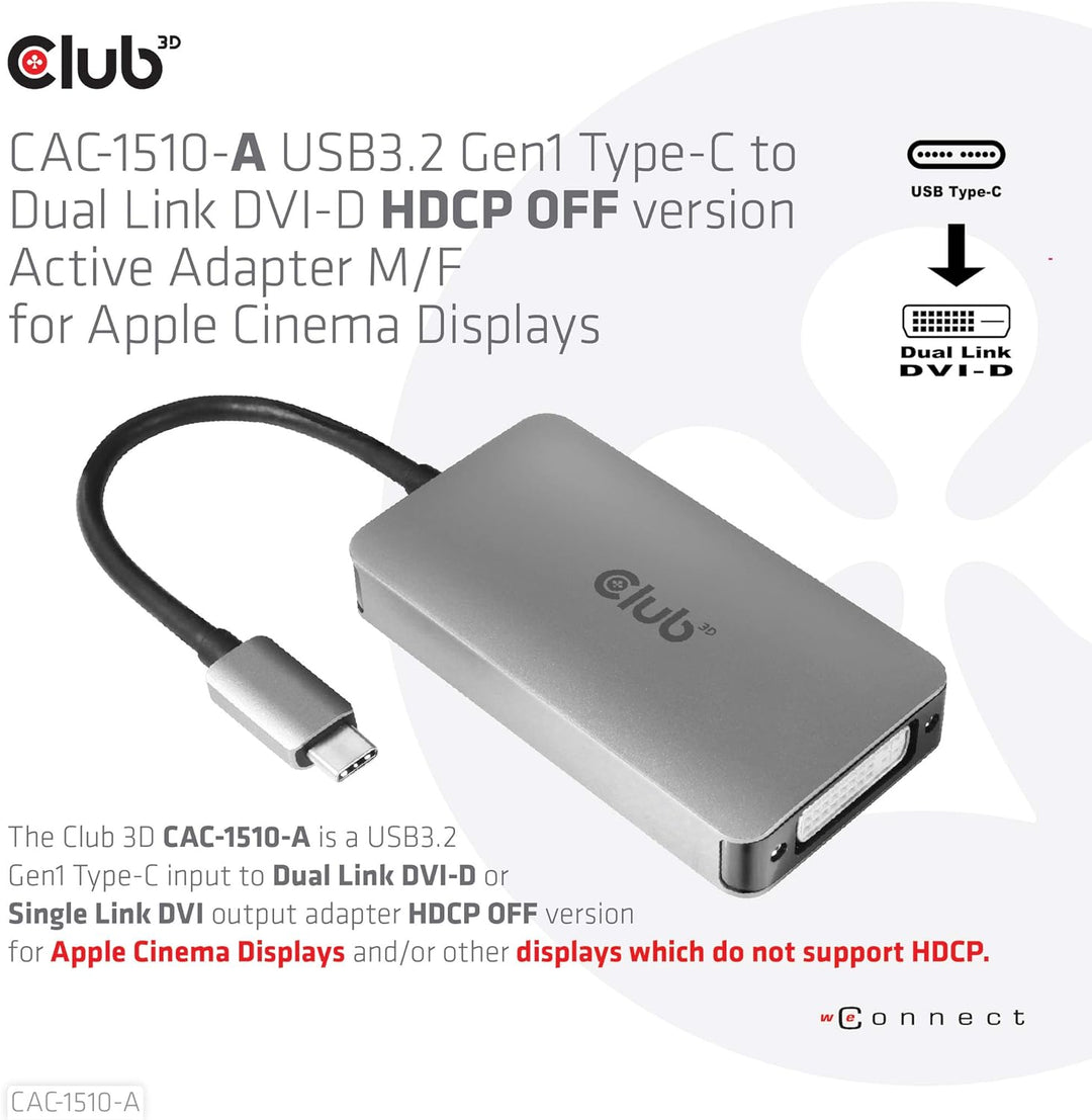 Club 3D 3D Gen1 Type-C auf Dual Link DVI-D HDCP Off Version Aktiver Adapter S/B für Apple Cinema Dis