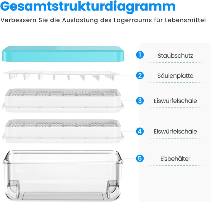 Eiswürfelform, Eiswürfelbehälter, 64 Eiswürfel, Eiswürfelform mit Deckel, mit 2 Tablett, einfaches D