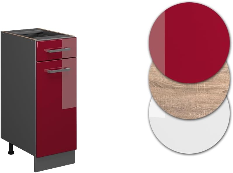 Vicco Küchenunterschrank R-Line, Bordeaux Hochglanz/Anthrazit, 30 cm, AP Anthrazit Bordeaux Hochglan
