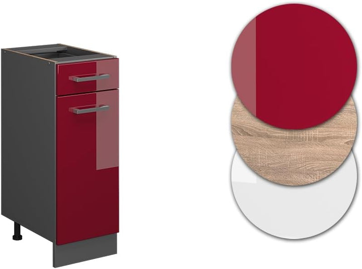 Vicco Küchenunterschrank R-Line, Bordeaux Hochglanz/Anthrazit, 30 cm, AP Anthrazit Bordeaux Hochglan