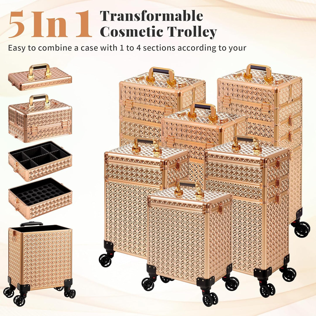 Arous 5-in-1 Profi-Kosmetikkoffer, Aluminium, mit 360° drehbaren Rädern Gold, Gold