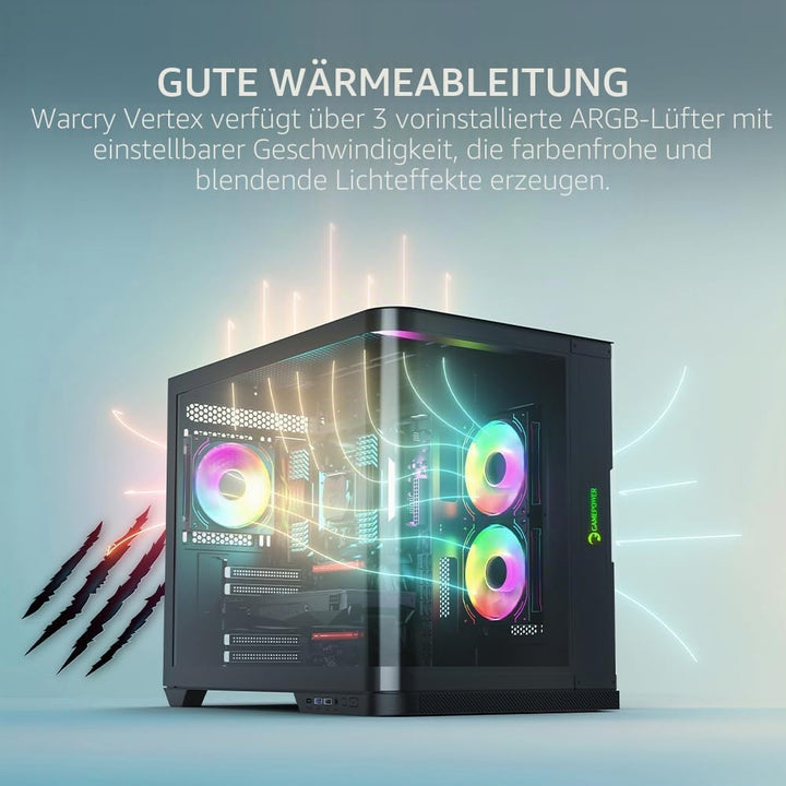 GAMEPOWER Warcry Vertex Curved Gaming PC Gehäuse, ATX Mid Tower, Desktop Computer Case Tempered Glas