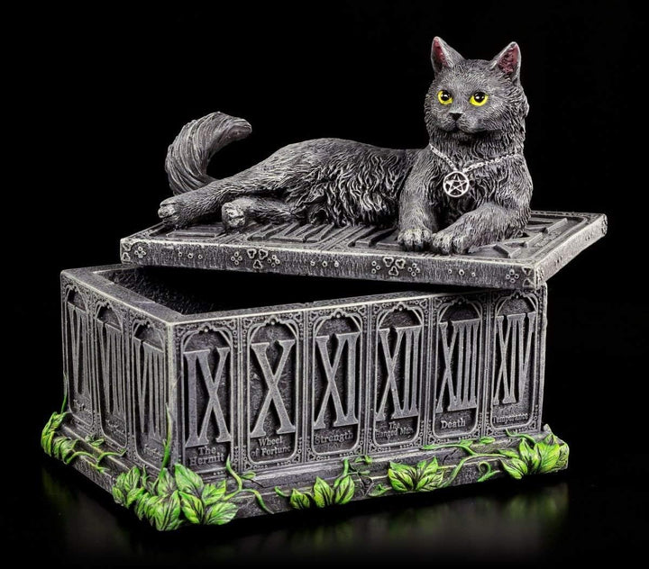 Tarotkarten Schatulle mit schwarzer Katze | Tarot Box Dose Aufbewahrung Schale Gothic Fantasy Figur