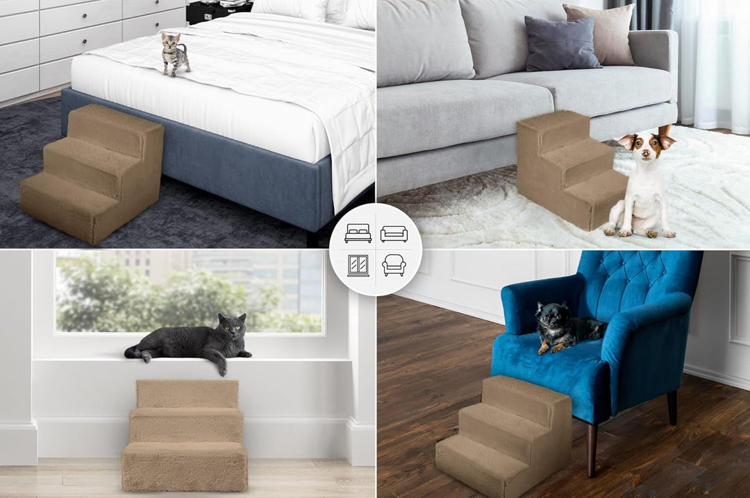 Mg Design Hundetreppe 3 Stufen in Hellbraun – Stabiler Holzrahmen, gelenkschonend, leicht &amp; mobil, f