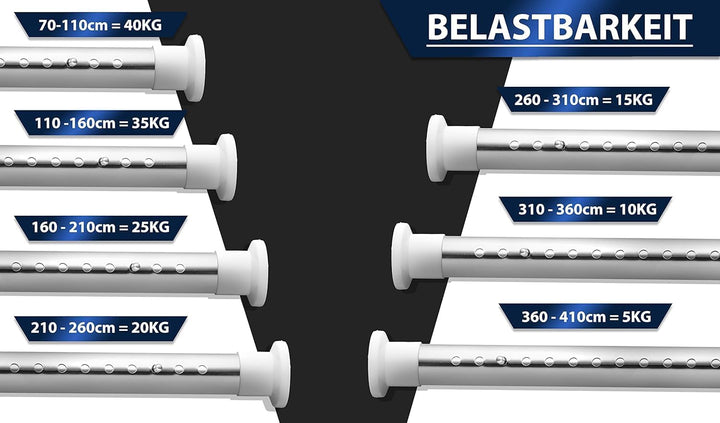 MEISENBERG Edelstahl Gardinenstange ohne Bohren 360-410cm, Ø32mm Multifunktionale Vorhangstange zum