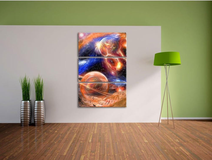 Pixxprint Raum Landschaft Kunst Buntstift Effekt 3-Teiler Leinwandbild 120x80 Bild auf Leinwand