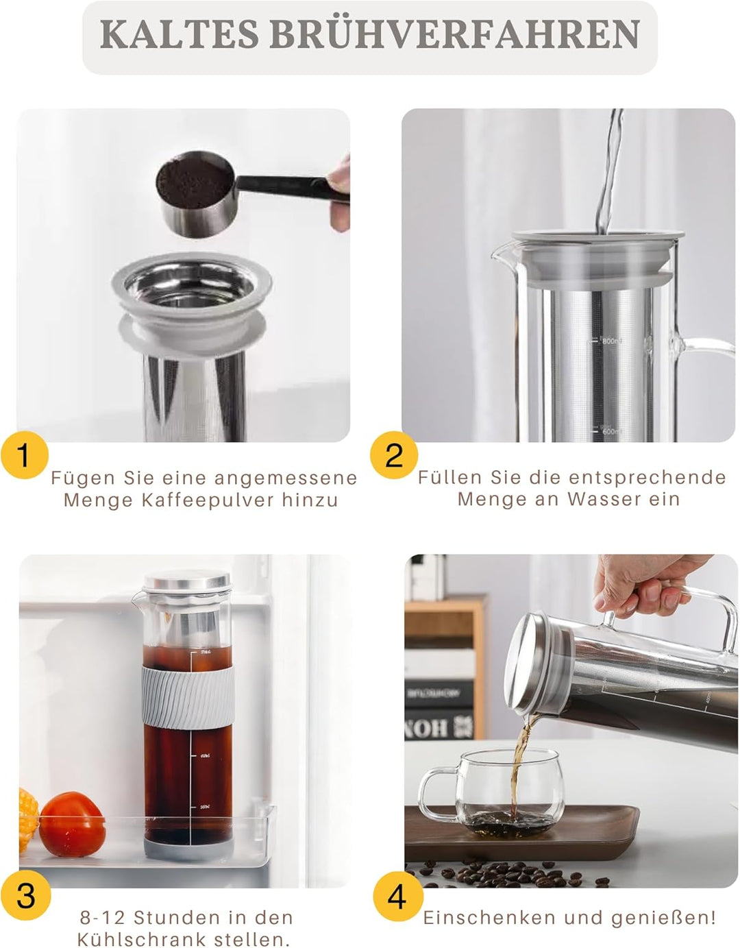 JanYoo Cold Brew Kaffeebereiter 800ml,Glas-Teekanne mit 304 Edelstahlfilter, Brühglas Karaffe Teetas
