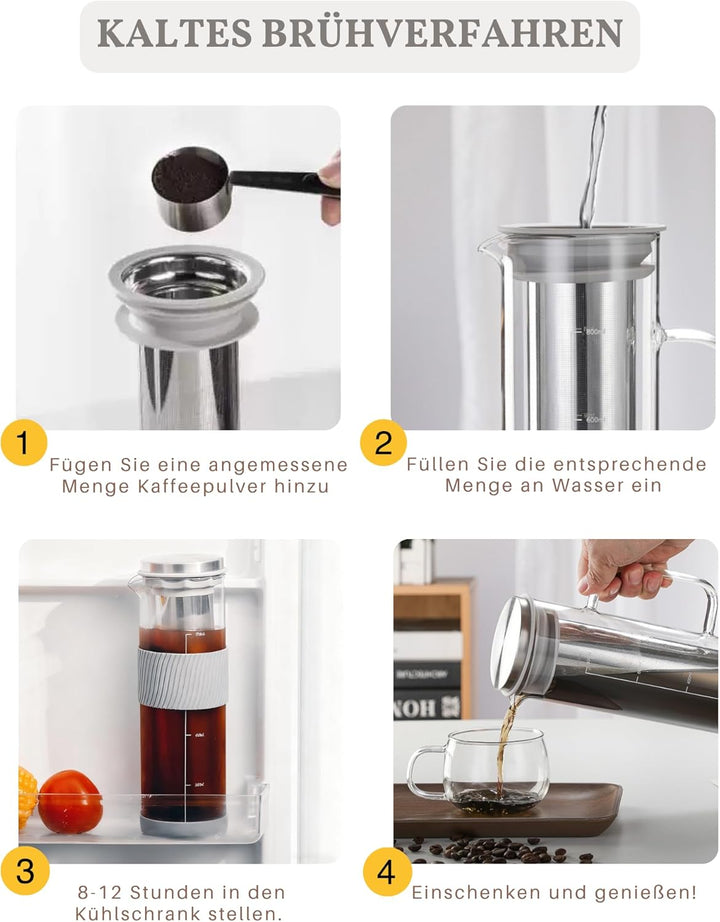 JanYoo Cold Brew Kaffeebereiter 800ml,Glas-Teekanne mit 304 Edelstahlfilter, Brühglas Karaffe Teetas