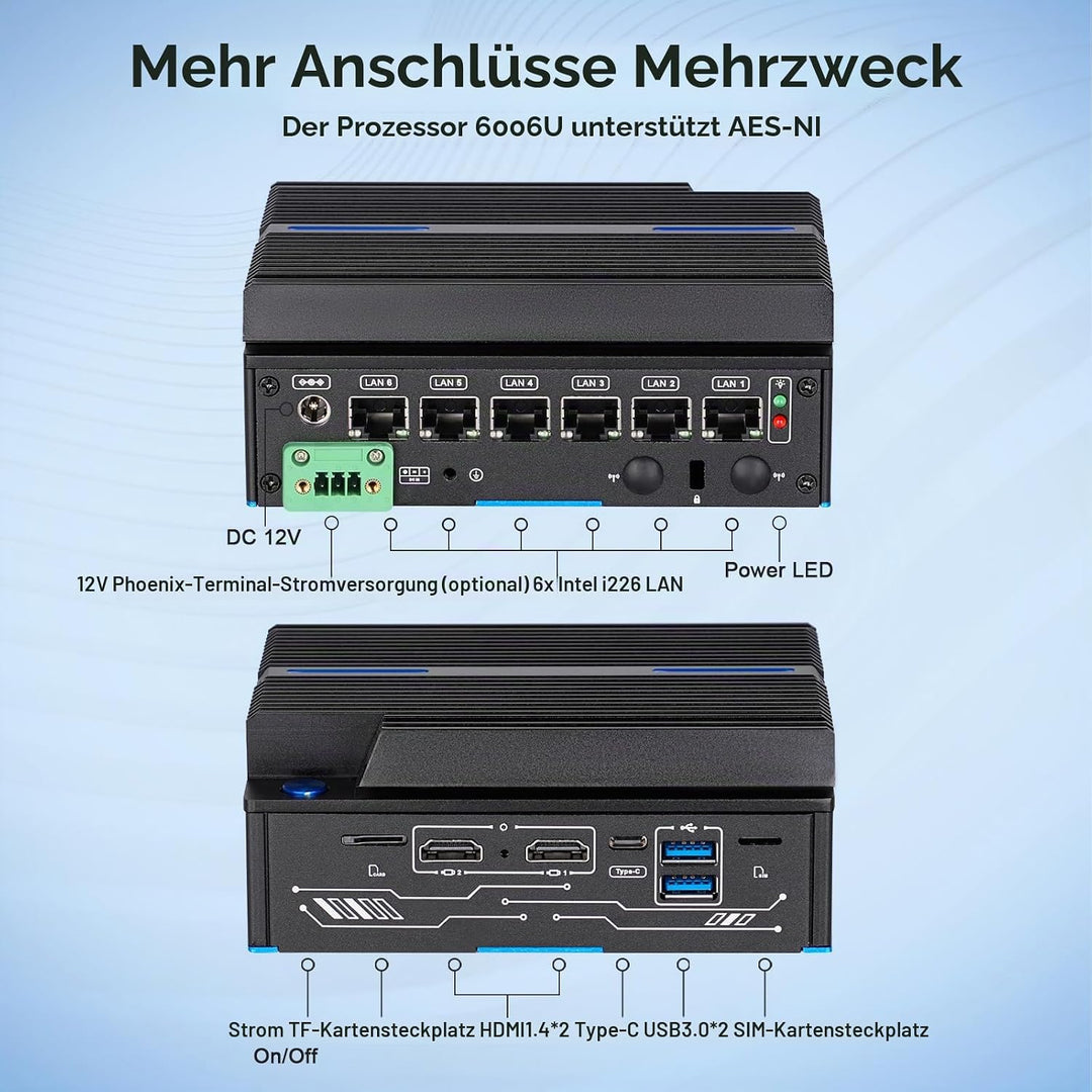 Lüfterloser Firewall-Mini-PC 6 x Intel LAN Ethernet (bis zu 2,5 GbE) Intel CORE 6006U, 8 GB DDR4 128