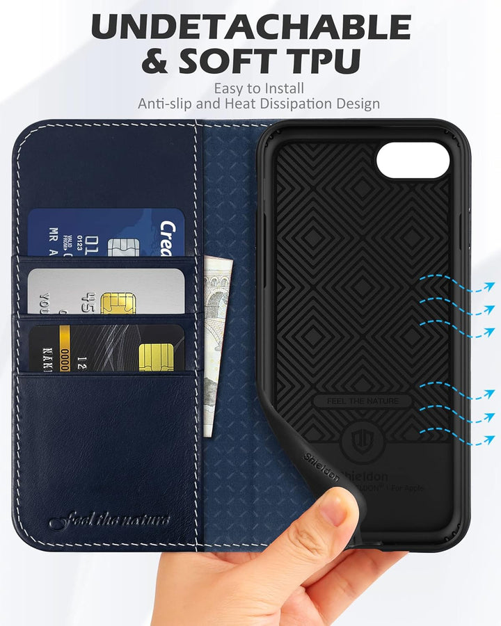 SHIELDON Hülle für iPhone SE 2022 5G /iPhone 8 Handyhülle [Erstklassig Rindsleder] [Kartenfach] [Sta
