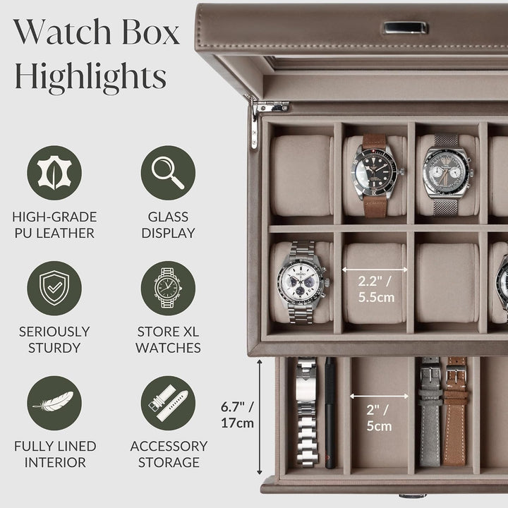 TAWBURY 8-Fach-Uhrenbox mit Aufbewahrungsschublade – Premium-Uhrenaufbewahrungsbox für Herren (Taupe