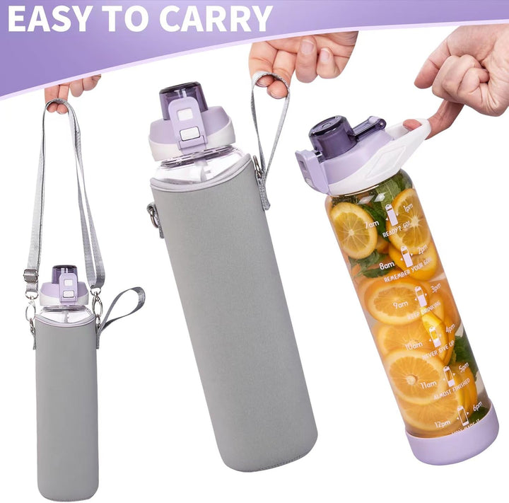 Seekua 1l Sport Trinkflasche Glas Flasche mit Strohhalm & Zeitmarkierung auslaufsicher bpa frei 1 li