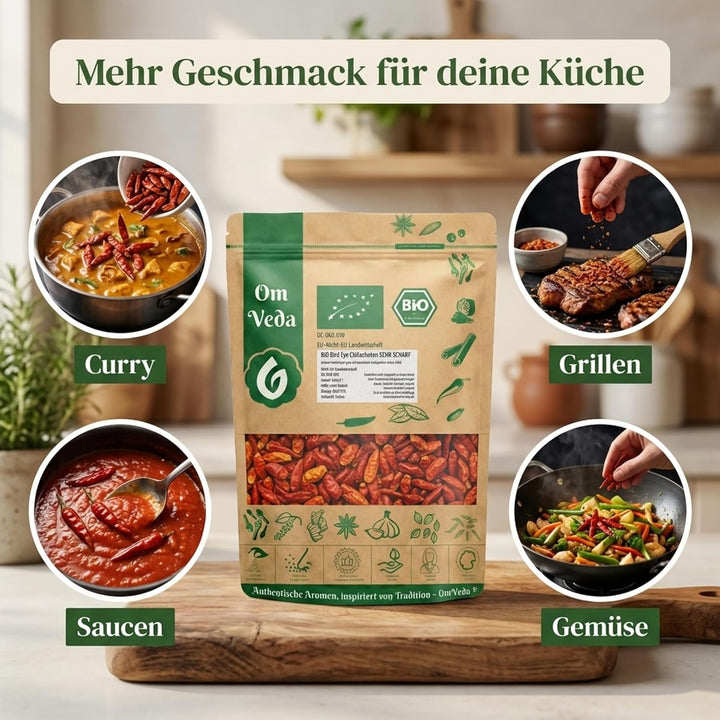 BIO Chilischoten | Birds Eye Chili Ganz | Sehr Scharf Schärfegrad 9 | Rote Getrocknete Chili Schoten