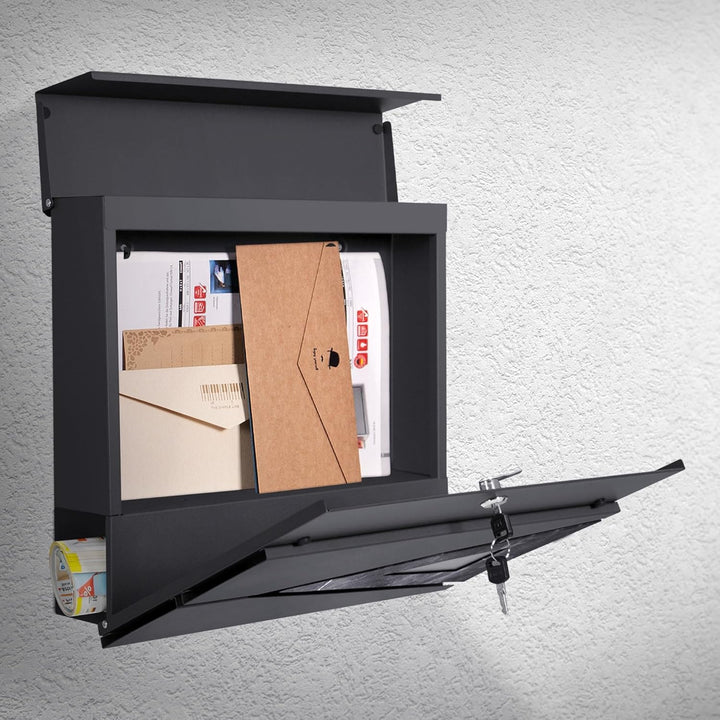 ML-Design Briefkasten 37x36,5x11 cm Anthrazit/Schwarz-Marmoroptik, Stahl, Postkasten mit Zeitungsfac