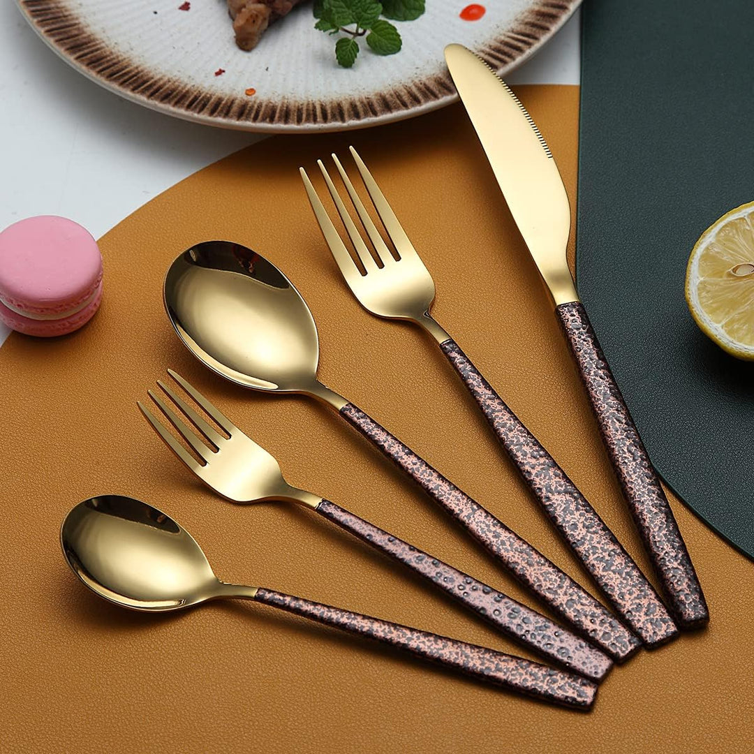 Berglander Besteck Set 30 Stück mit Mondoberfläche Griff und glänzendem Goldmund Titanbeschichtung,