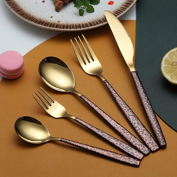 Berglander Besteck Set 30 Stück mit Mondoberfläche Griff und glänzendem Goldmund Titanbeschichtung,