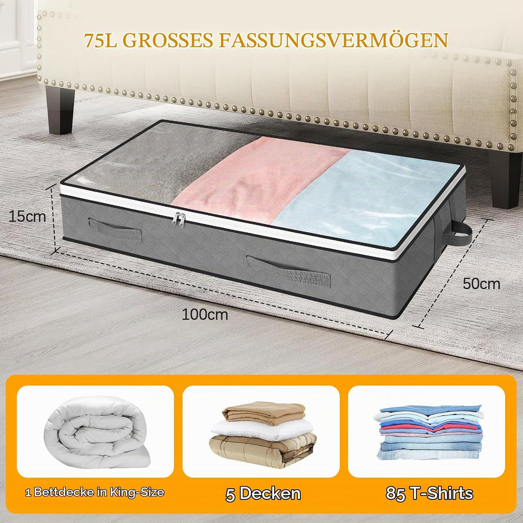 Cozary 3 Stück Unterbett Aufbewahrungsbox 75L, Unterbettkommode mit Sichtfenster, Umzugstaschen, Tra
