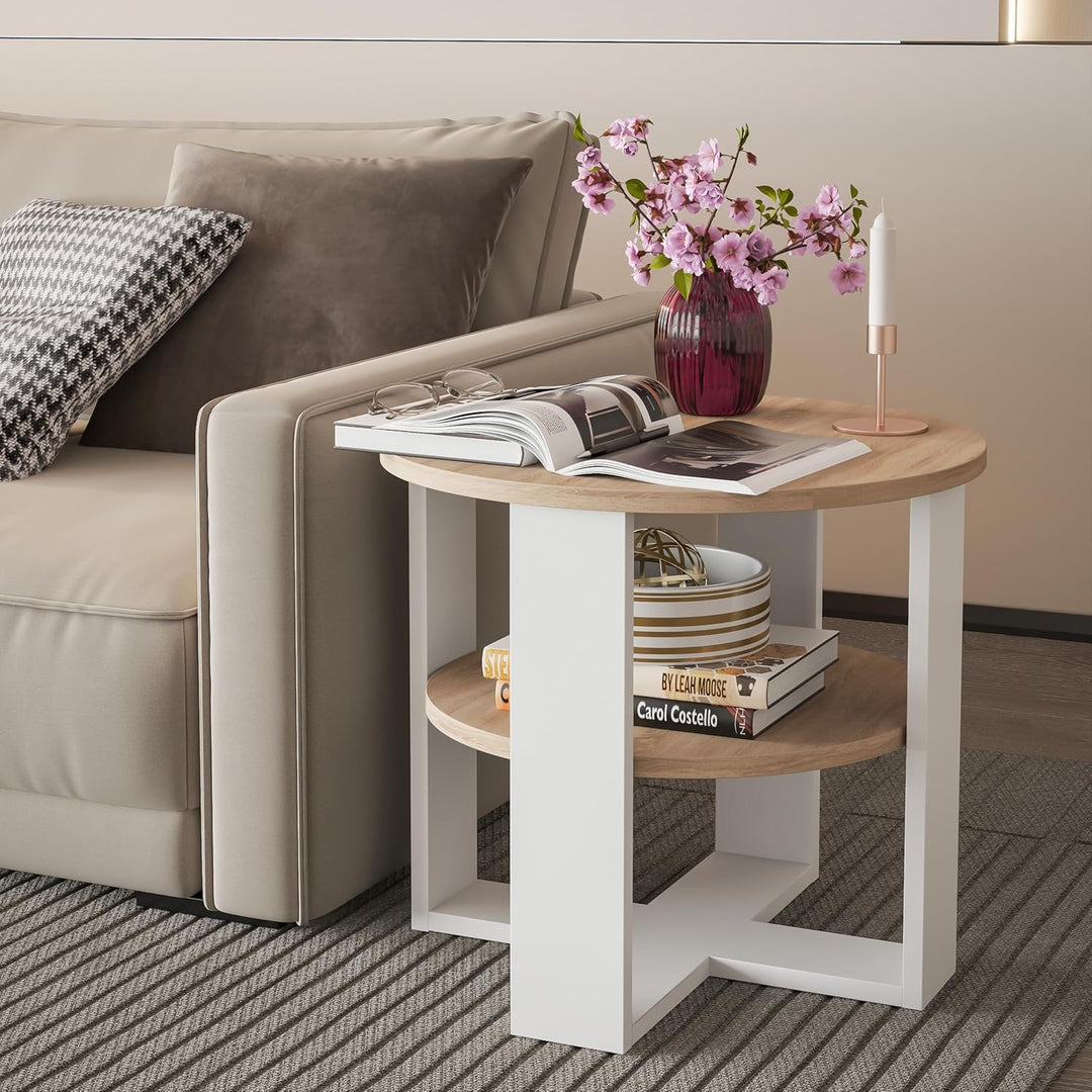 Couchtisch rund Ø53 cm - Kleiner Beistelltisch mit Ablage - Sonoma Eiche - 2 Ebenen, runder moderner