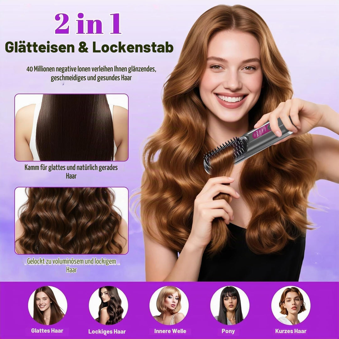 Glättbürste Kabellos, Stylingbürste Für Kurze Langes Haare, Haarglätter Bürste Kabellos mit 3 Wärmes