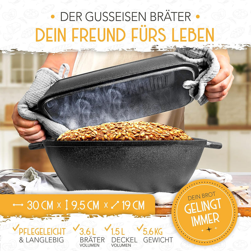 KRUSTENZAUBER 28cm Gusseisen Bräter mit Deckel backofengeeignet inkl. Gärkorb - eckiger Topf Brot Ba