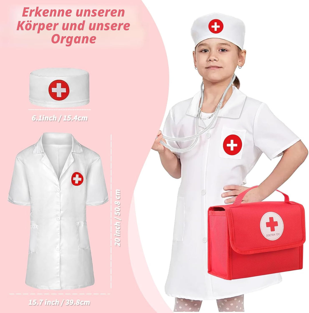 Mardo Arztkoffer Kinder Holz Doktorkoffer mit Echtem Stethoskop, Arztkittel und Doktortasche in Rot,
