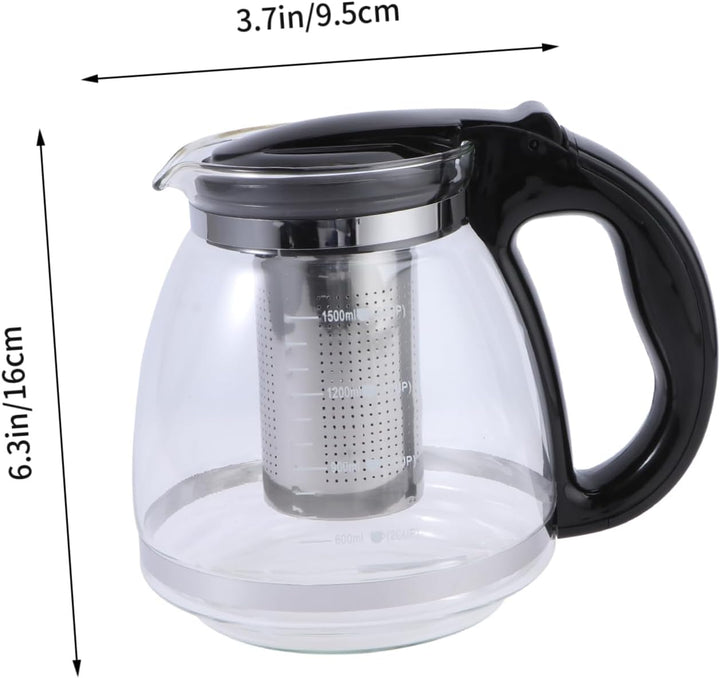 OUNONA Glas-Teekanne, Edelstahl-Filtergriff, hitzebeständig, 1500 ml, Schwarz