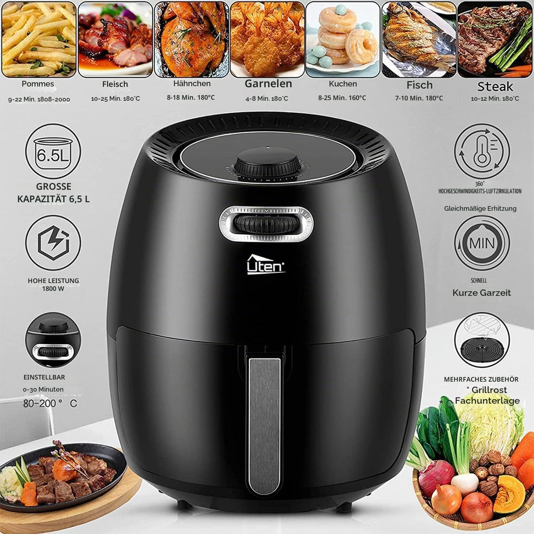 Heissluftfritteuse,6.5L Airfryer Uten XXL Heissluftfriteuse ohne Fett Friteuse Mit Ständer, No stick
