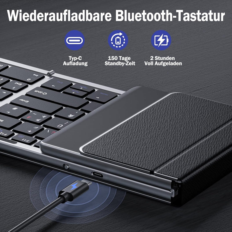 seenda Faltbare Bluetooth Tastatur mit Nummernblock und Handyhalterung, Aufladbare Kabellose Klappba