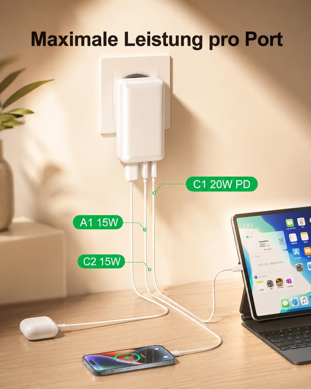 USB Ladegerät Flach,3 Ports USB C Stecker Abgewinkelt,Flaches Netzteil mit 20W PD Schnellladegerät,F