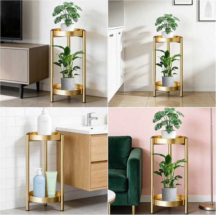 Pflanzenständer Metall 2-Stöckig Blumenständer Gold, Pflanzentisch 60cm | Runder Blumentopfregal für