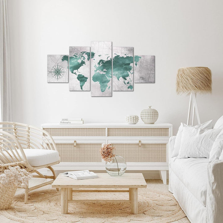 Runa Art Wandbilder Weltkarte 5 Teilig Bild auf Vlies Leinwand Deko Büro Wohnzimmer Betonoptik Schwa